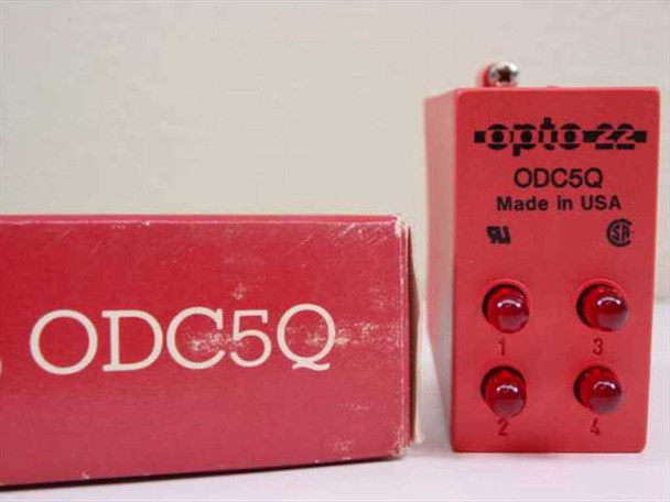 Opto 22 ODC5Q module front panel with four LED indicators labeled 1–4, beside original box