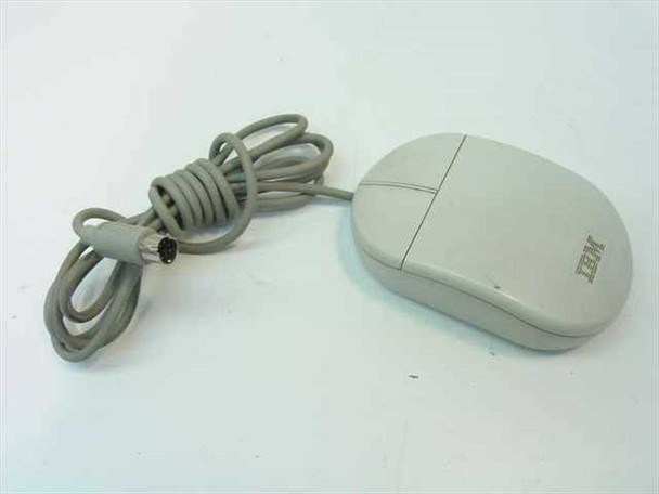 IBM 13H6690 two-button PS/2 ball mouse, light gray, right side and top view with coiled cable