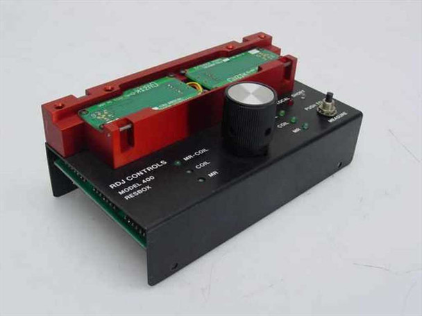 RDJ Controls Model 400 Resbox with Guzik 303600 Extender Controller Board installed – front three-quarter view showing red anodized extender board assembly, rotary knob, and MR-Coil/Coil/MR LED indicators on black chassis