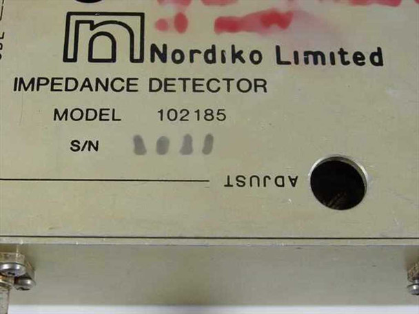 Nordiko 102185 Impedance Detector — label close-up showing Nordiko Limited branding, model number 102185, and serial number plate