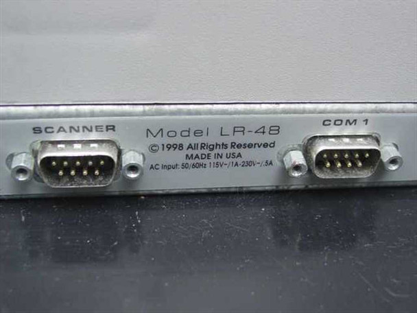 Codax LR-48 rear panel showing DB-9 Scanner port, DB-9 COM 1 port, and AC input rating plate: 50/60Hz 115V 1A / 230V 0.5A, Made in USA, 1998