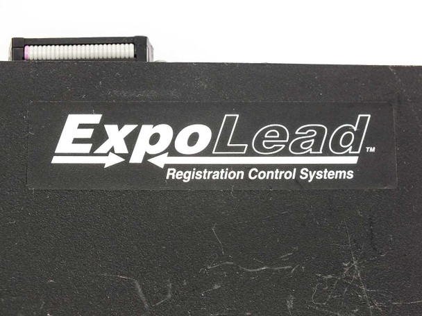Close-up of ExpoLead Registration Control Systems logo on the side of the black terminal housing