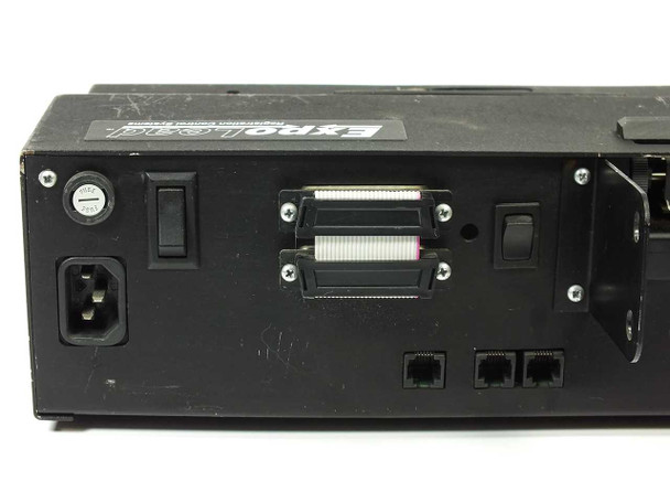 RCS ExpoLead rear panel detail showing IEC power inlet, power switch, parallel port ribbon connector, and three RJ phone jacks