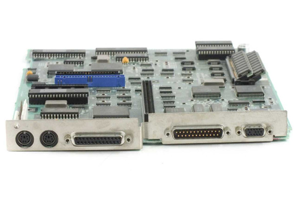 IBM PS/2 8530 System Board – angled view of I/O bracket showing two PS/2 mini-DIN ports, DB-25 parallel connector, and two DB-9 serial connectors