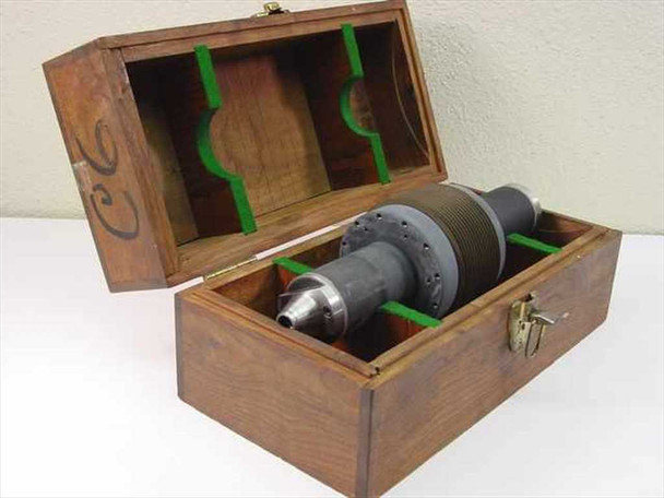 Cor-Bridge Inc 530012-6 Parting Tool Spindle in wood storage box showing spindle nose taper and multi-disc body — side view with lid open