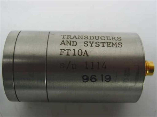 Side view of Transducers and Systems FT10A LVDT transducer showing engraved model label, S/N 1114, date code 96 19, stainless steel cylindrical body