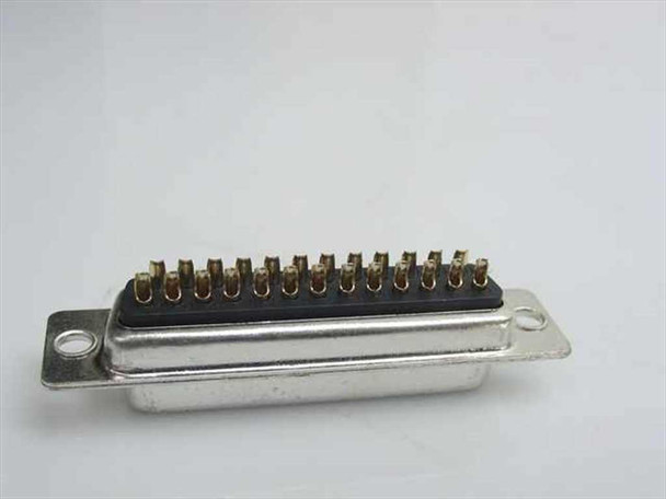 DB25 female D-SUB connector — rear/side view showing two rows of gold solder cup pins and panel mount flanges