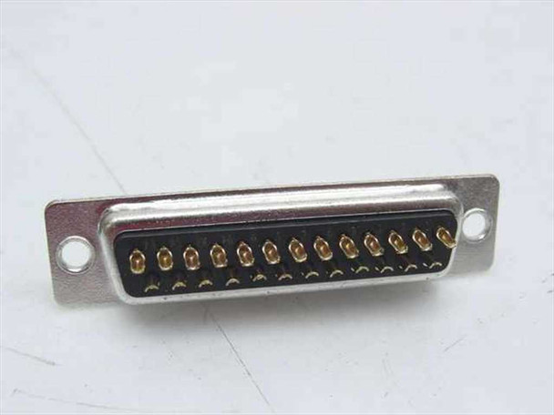 DB25 25-pin D-Sub male solder cup connector — front face view showing two rows of 25 gold-plated solder cup pins and mounting flanges