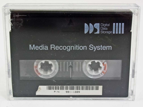3M DDS-90 4mm DDS Media Recognition System tape cassette in clear case — front view showing DDS logo and P/N 991-1209 label