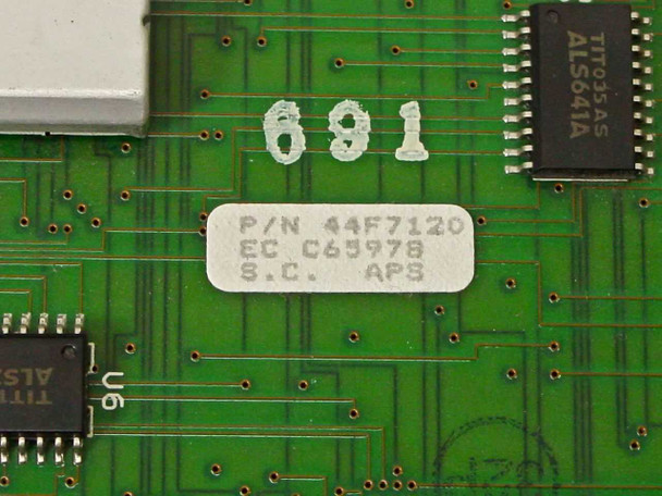 IBM ARTIC RAW CD 44F7120 close-up of P/N label showing Part Number 44F7120, EC C65978, S.C. APS, and hand-written lot number 691