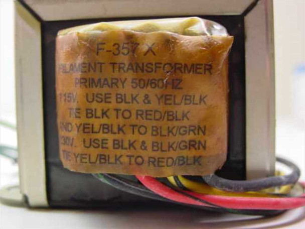 Magnetek F-357X transformer label showing F-357X, Filament Transformer, Primary 50/60Hz wiring instructions for 115V and 230V