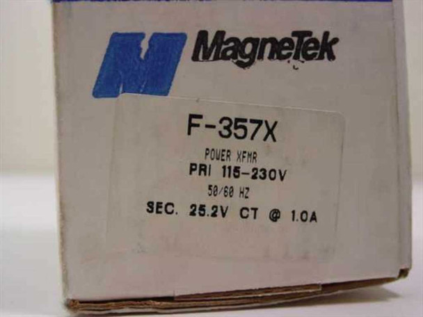 Magnetek F-357X box label showing model F-357X, Power XFMR, PRI 115-230V 50/60 Hz, SEC 25.2V CT at 1.0A