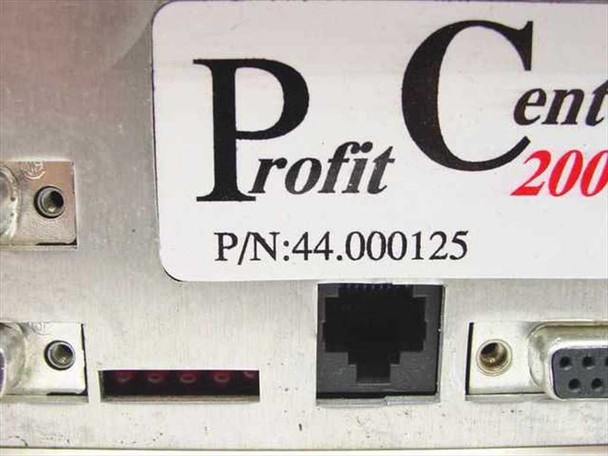 Profit Center 2000 Register Interface Box — close-up of label showing P/N 44.000125, RJ45 port, DB9 serial port, and LED indicator strip