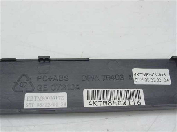 Dell Inspiron 4150 7R403 hinge cover — label detail showing DP/N 7R403 part number, PC+ABS GE C7210A material markings, and date codes
