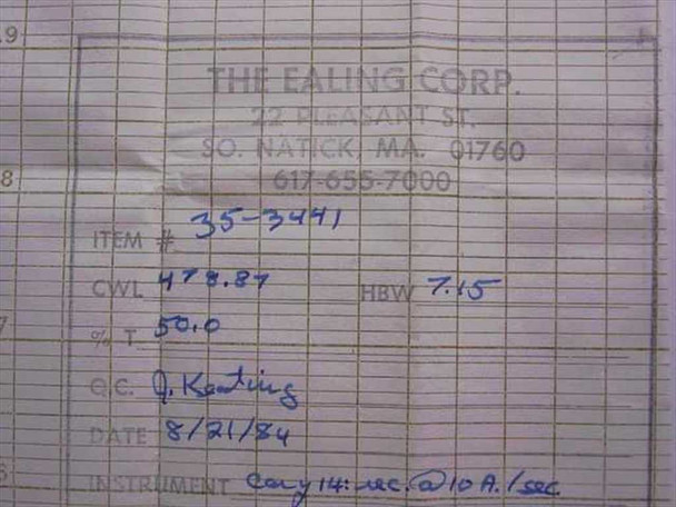 Ealing Corp factory test data sheet for item 35-3441 — handwritten values: CWL 478.87nm, HBW 7.15nm, %T 50.0, date 8/21/84, instrument entry visible