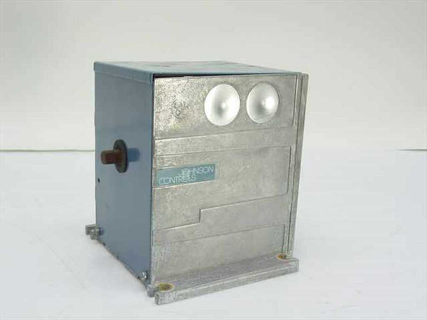 Johnson Controls early servo drive actuator – left-side view showing brand label and two dome-head fasteners
