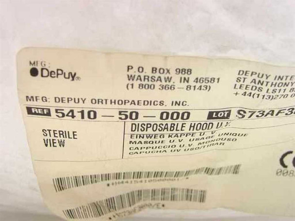 DePuy 5410-50-000 product label showing REF number, Sterile View designation, Disposable Hood UV, manufactured by DePuy Orthopaedics Inc., Warsaw IN