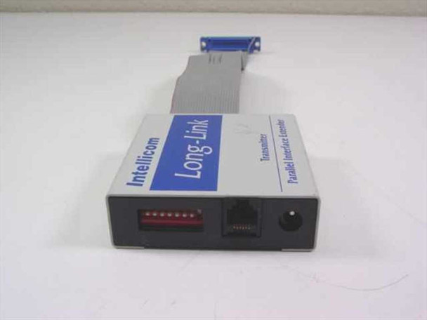 Intellicom Long-Link Transmitter – end panel view showing LED indicator row, RJ-style connector, and DC power jack with ribbon cable attached
