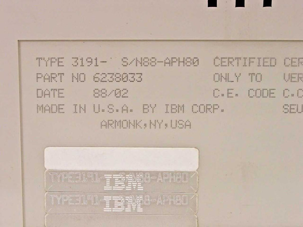 IBM 3191 6238033 rating plate label showing Type 3191, Part No 6238033, Date 88/02, Made in USA by IBM Corp, Armonk NY