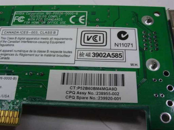 Compaq 239920-001 AGP VGA card – rear label showing CPQ Assy No. 238955-002, CPQ Spare No. 239920-001, FCC and regulatory markings