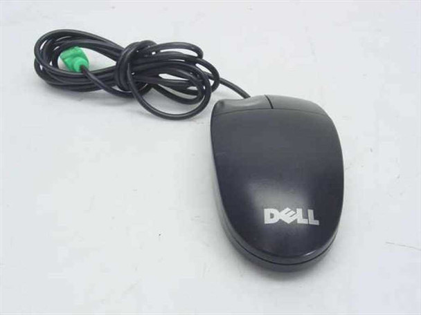 Dell Logitech M-SAW34 black 2-button PS/2 wired mouse — top and left side view with green PS/2 connector visible
