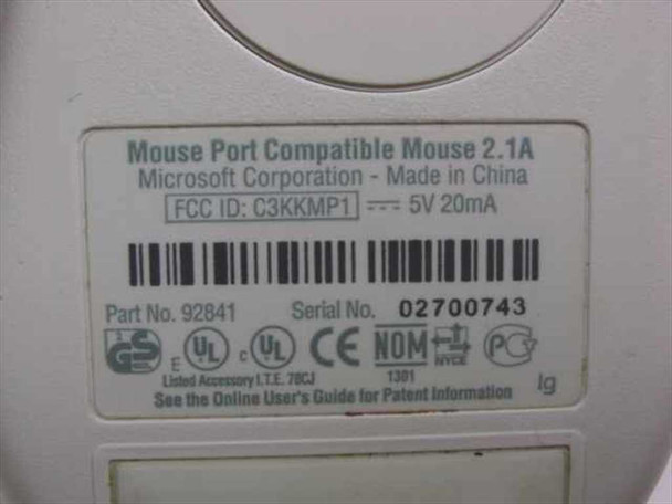 Microsoft 92841 mouse bottom label showing Part No. 92841, Mouse Port Compatible 2.1A, FCC ID C3KKMP1, 5V 20mA, Made in China