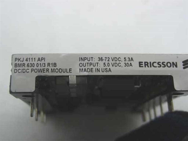Ericsson PKJ 4111 API DC/DC Power Module — side label closeup showing PKJ 4111 API, BMR 630 01/3 R1B, 36-72VDC input, 5.0VDC 30A output, Made in USA