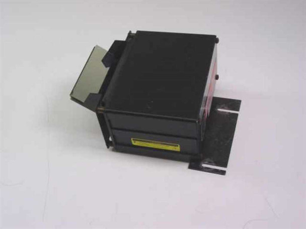 Microscan MS 1200 STD FIS-1200-0001 laser barcode scanner — top and front-left angled view showing black metal housing, mirror deflector plate, and scan window slot