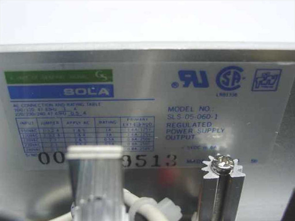 Sola SLS-05-060-1 rating label showing model number, AC input connection and rating table, UL and CSA certification marks