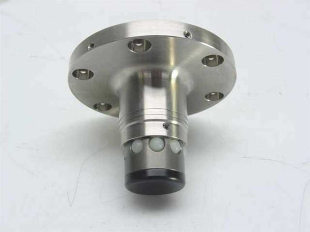 Stainless steel spindle chuck 2.5x025 inverted showing 6-hole flange, ball-lock collar, and black lower cap — underside view