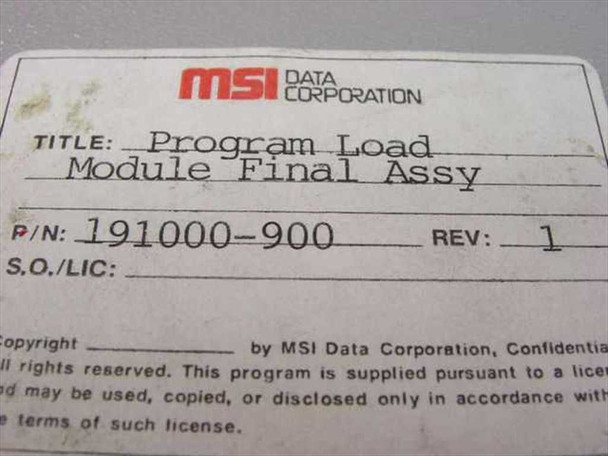 MSI Data Corporation label showing title Program Load Module Final Assy, P/N 191000-900, Rev 1