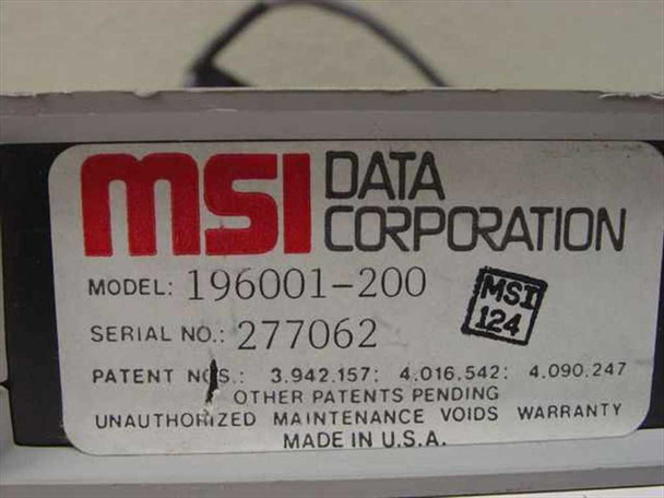 MSI Data Corporation bottom label showing Model 196001-200, Serial No. 277062, patent numbers, Made in USA