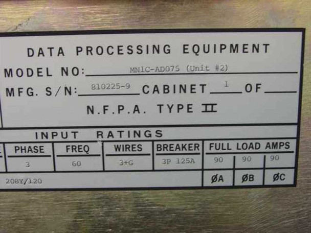 Topaz MN1C-AD075 rating plate – shows Model MN1C-AD075, MFG S/N 810225-9, 3-Phase 60Hz 3+G wiring, 3P 125A breaker, 90A full load per phase, 208Y/120V, NFPA Type II