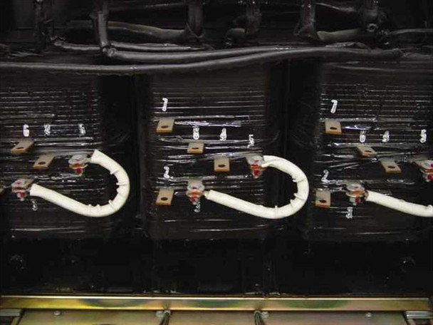 Topaz MN1C-AD075 – close-up of three-phase isolation transformer windings showing inter-winding electrostatic shield connections and tap wiring