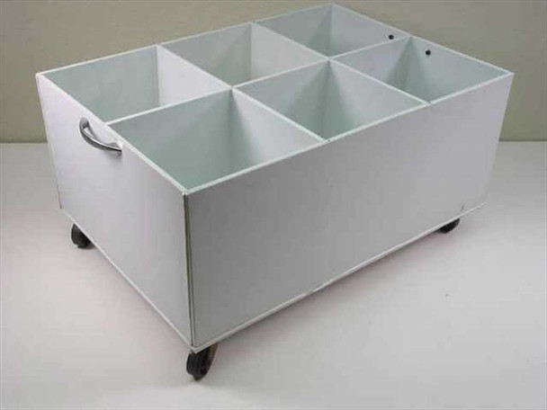 Plastic 6-slot chemical solvent container on casters — 3/4 front-right view showing all six compartments