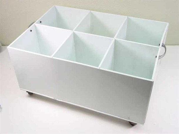 Plastic 6-slot chemical solvent container on casters — 3/4 rear-right view showing casters and side handle