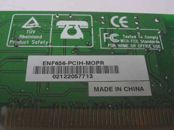 Encore ENF656-PCIH-MOPR PCI modem card – card back showing model number label, barcode, TUV, FCC, and CE certifications, Made in China