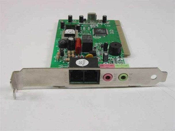 Encore ENF656-PCIG-INPR PCI 56K modem card – front bracket view showing RJ-11 phone jack and 3.5mm mic and speaker audio jacks