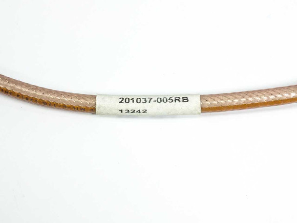 Close-up of cable label showing part number 201037-005RB and code 13242 on RGS-400 coaxial cable