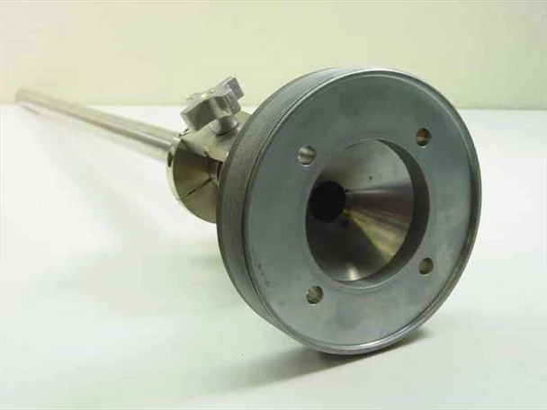 Electron gun holder feedthrough assembly vacuum chamber — flanged end with conical bore and side adjustment fitting, front-angle view