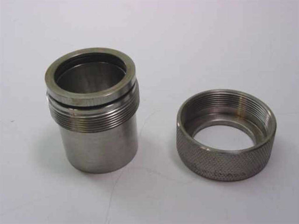 MDC 410011 stainless steel tube coupling — disassembled view showing threaded body and knurled collar ring separated