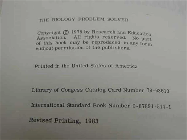 The Biology Problem Solver – copyright page showing 1978 copyright, revised printing 1983, ISBN 0-87891-514-1, and Library of Congress number 78-63610