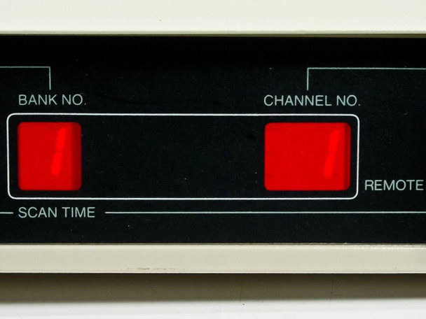 Raritan MC16E front panel close-up – Bank No. and Channel No. red LED displays with Scan Time indicator