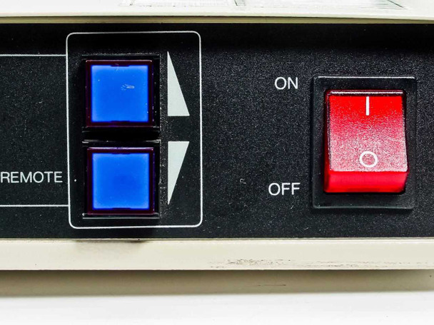 Raritan MC16E front panel close-up – Remote buttons and red ON/OFF rocker power switch