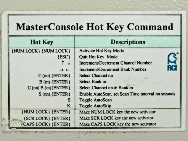 Raritan MC16E MasterConsole hot key command reference label on unit top – full hot key list for channel/bank selection and Auto Scan