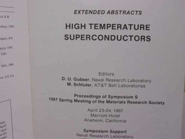 Extended Abstracts High Temperature Superconductors title page showing editors Gubser and Schluter and MRS Symposium S 1987 details