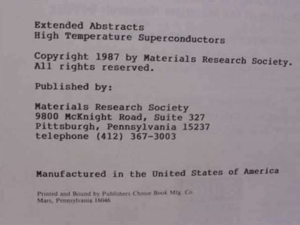 Copyright page of MRS Extended Abstracts High Temperature Superconductors showing 1987 Materials Research Society publication info