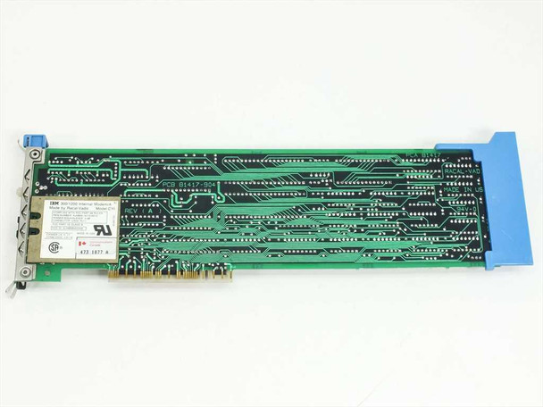 IBM 90X8796 MCA modem card — solder side showing PCB traces, UL mark, and IBM label with part numbers