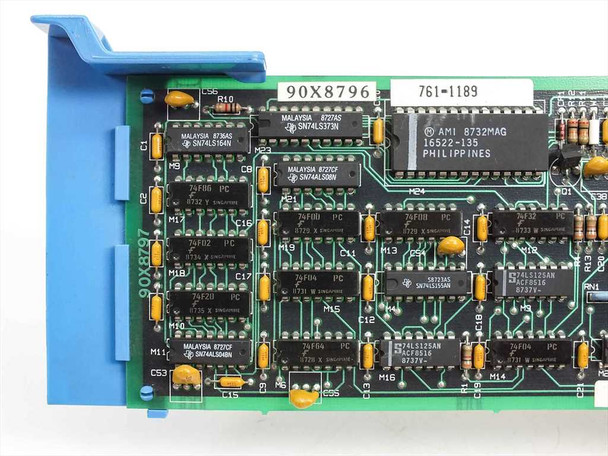IBM 90X8796 / 90X8797 modem card — close-up of component side showing part number silk screens, AMI 8732MAG chip, and 74-series logic ICs