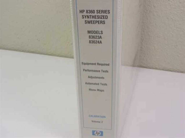 HP 8360 Series Calibration Manual Volume 2 binder spine showing models 83623A and 83624A with section topics: Performance Tests, Adjustments, Automated Tests, Menu Maps
